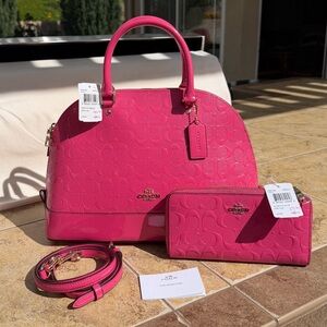 NWT Coach Signature Debossed Patent Leather Sierra Hot Pink Purse & Wallet Set
